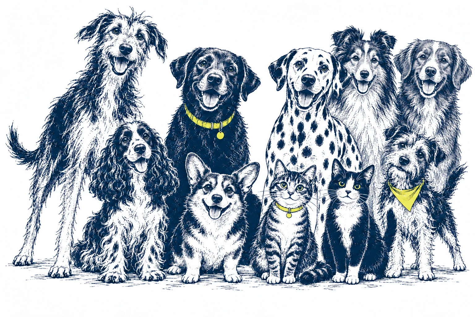 A cheerful team of eight dogs and two cats, including a Shetland Sheepdog and a Duck Toller, drawn in navy ink