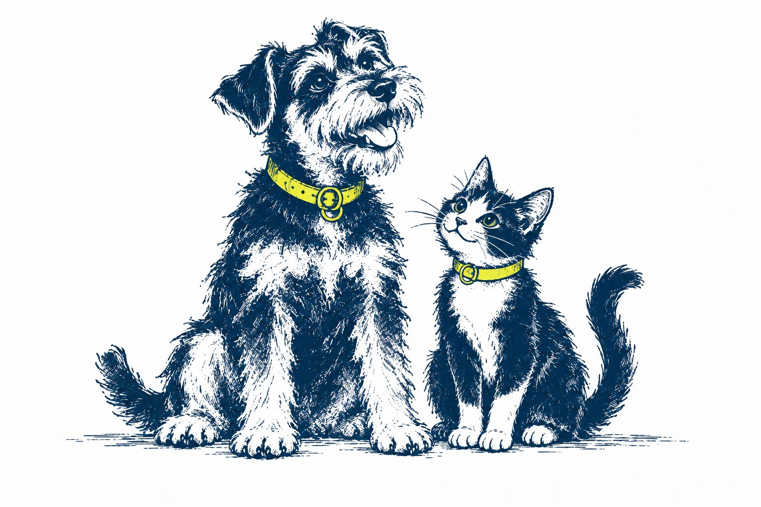 A schnauzer beside a cat