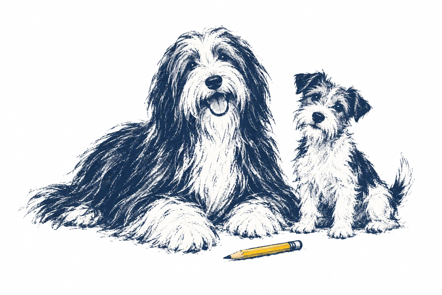 A bearded collie beside a terrier and yellow pencil