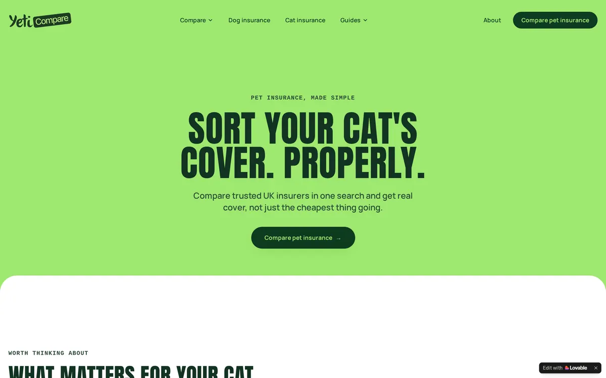 Yeti Compare cat insurance page design