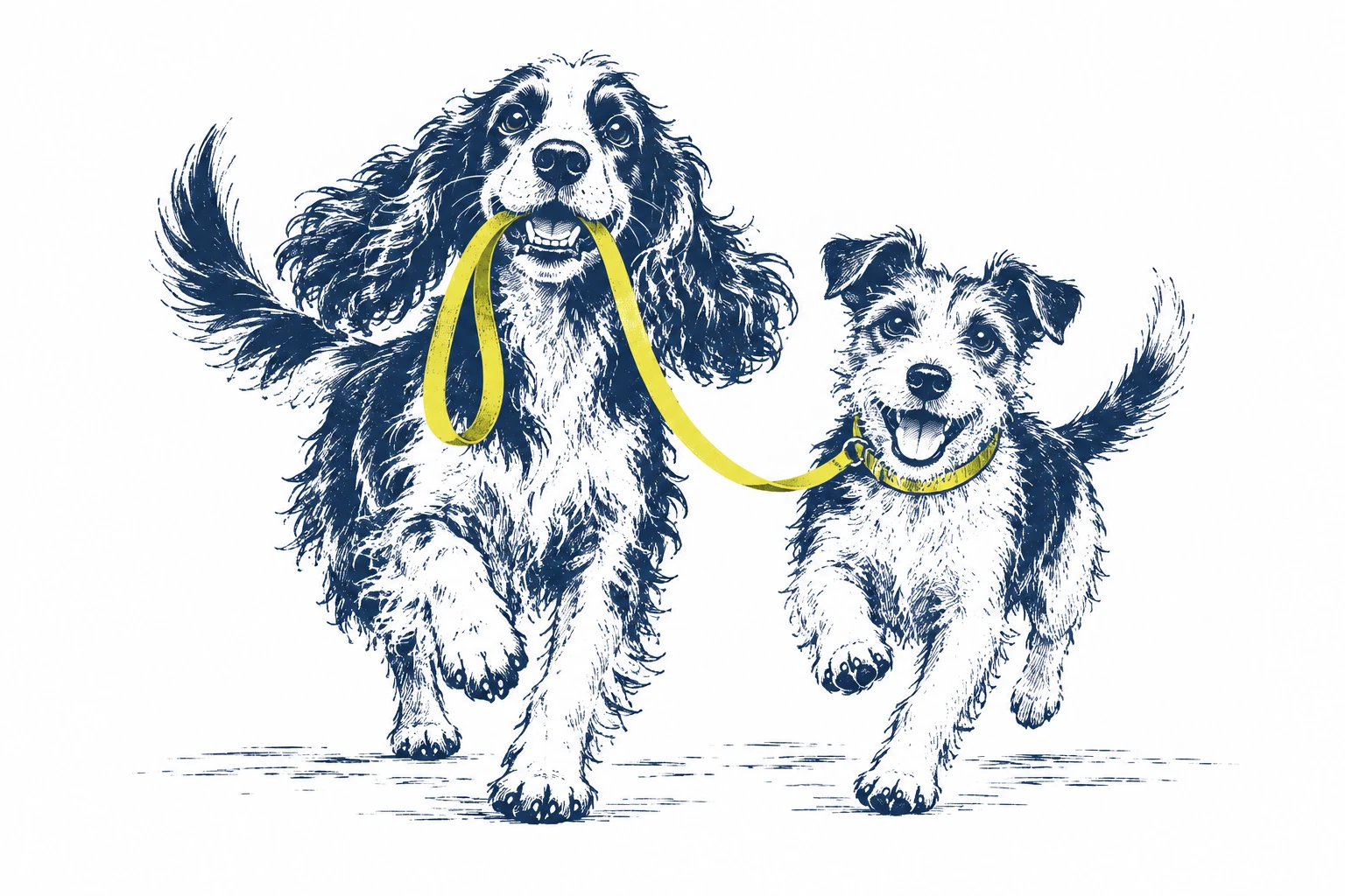 An eager spaniel and terrier approaching with a lead