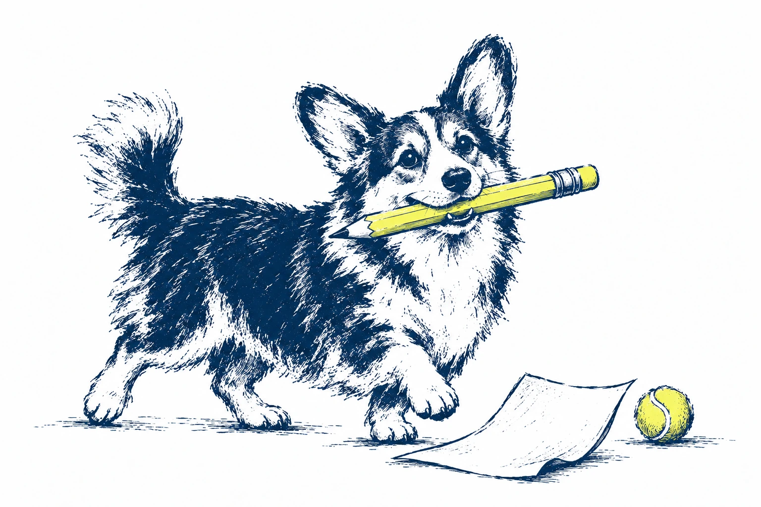 A corgi holding a yellow pencil