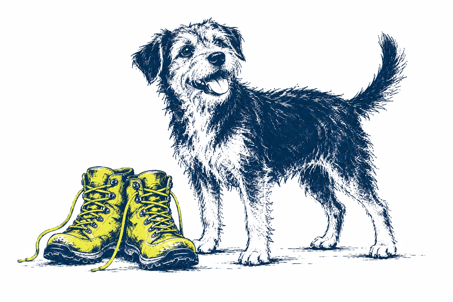An older border terrier beside yellow walking boots