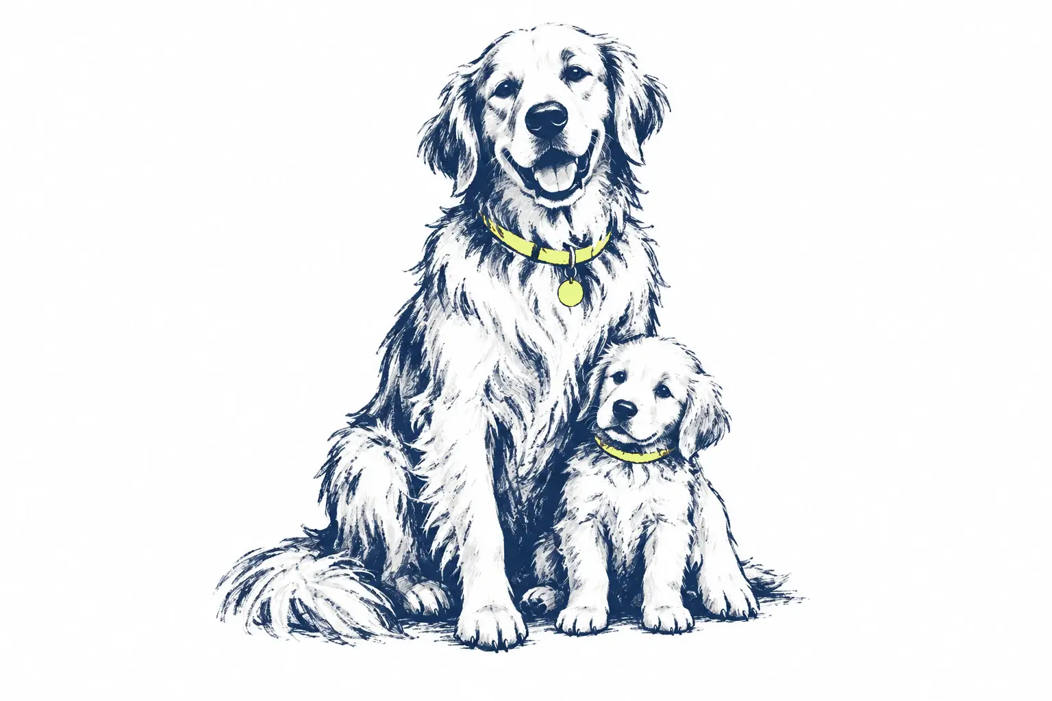 A golden retriever sitting beside a small puppy