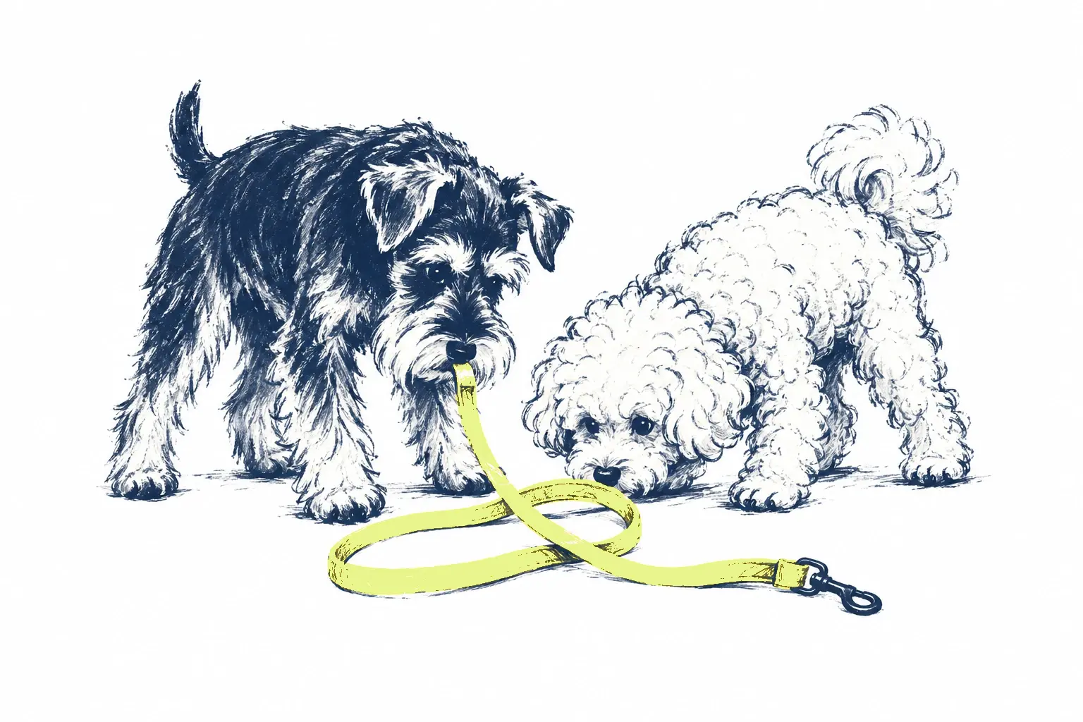 A miniature schnauzer and bichon investigating a yellow lead