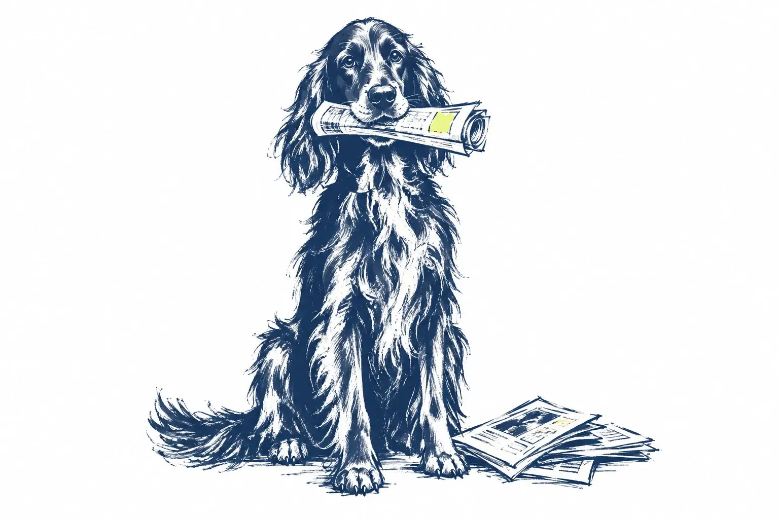 A setter holding a newspaper with loose pages nearby