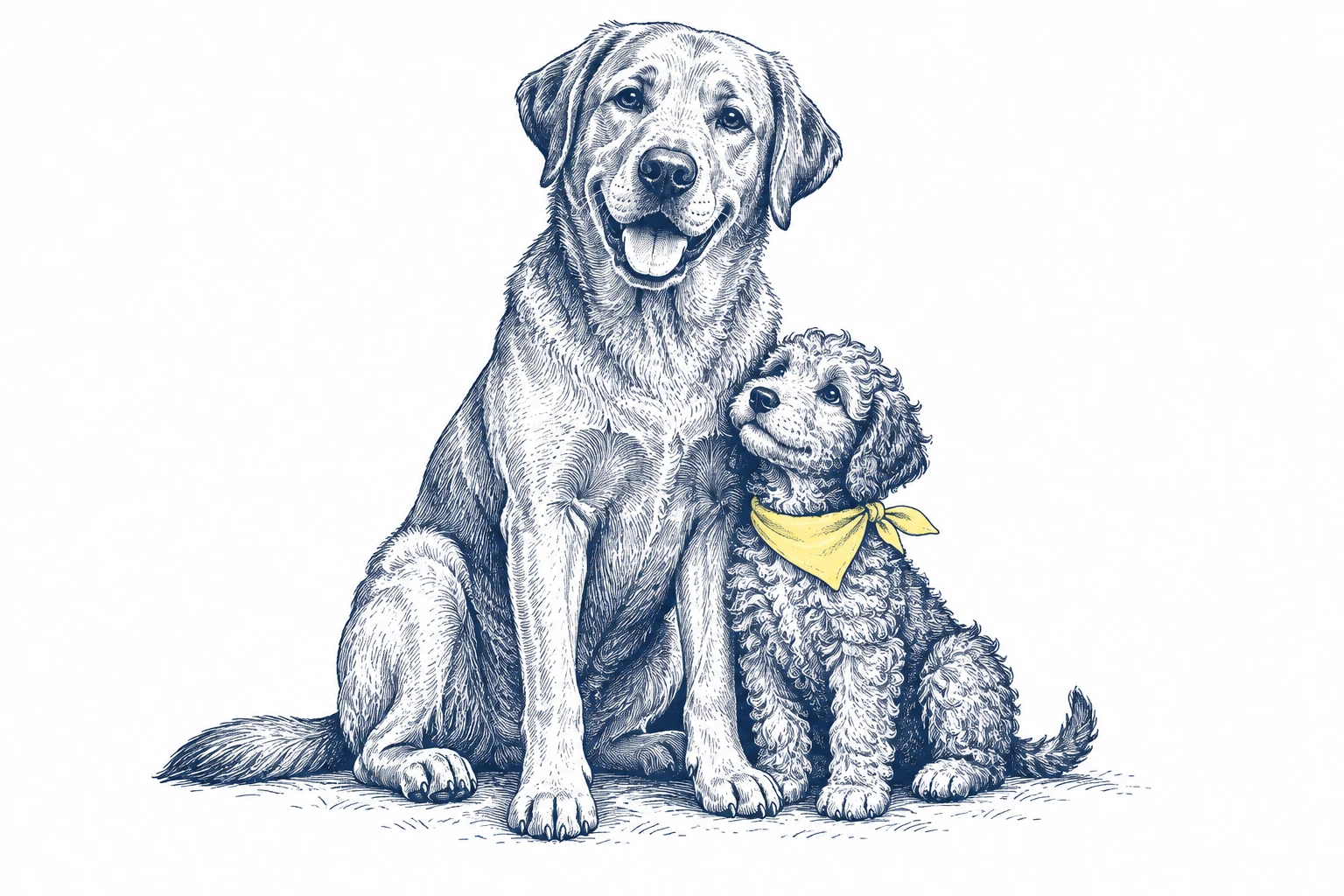 A Labrador sitting beside a small puppy