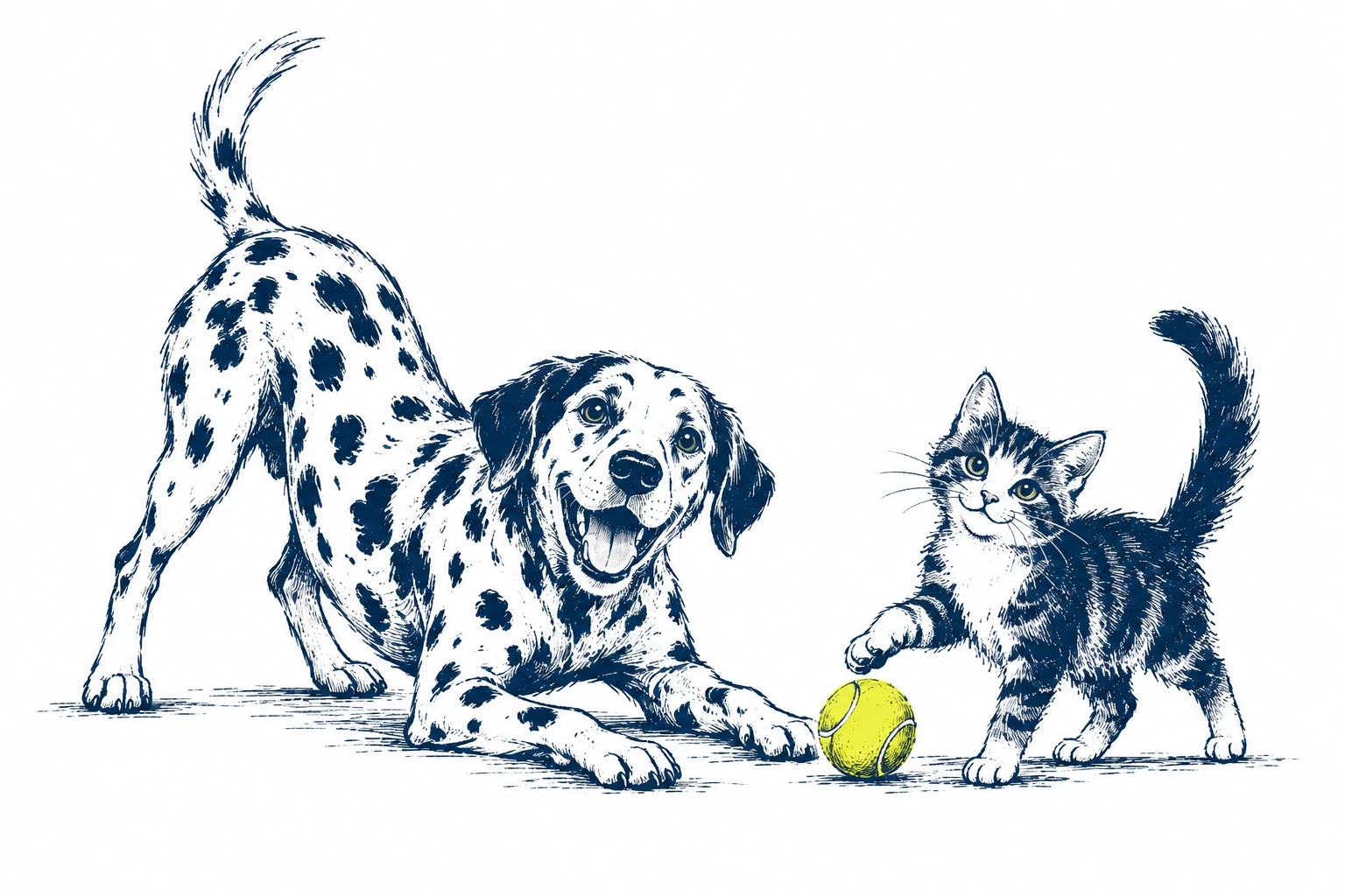 A playful Dalmatian and an alert cat with a ball