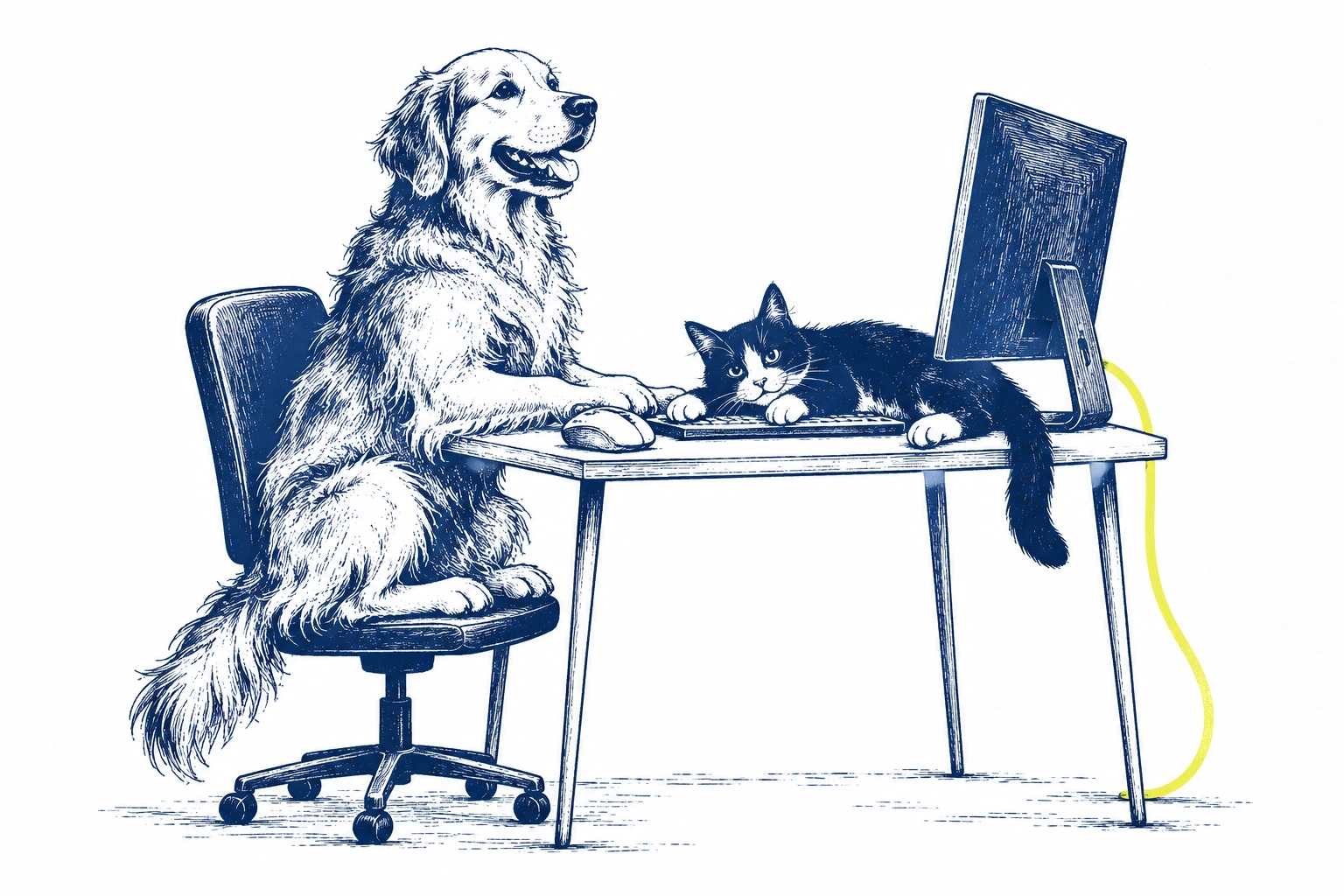 A retriever beside a cat
