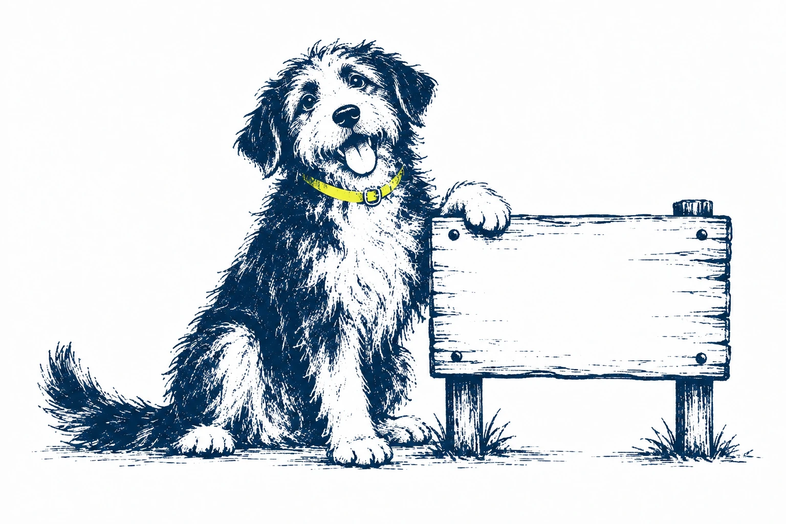 A sheepdog beside a small blank sign