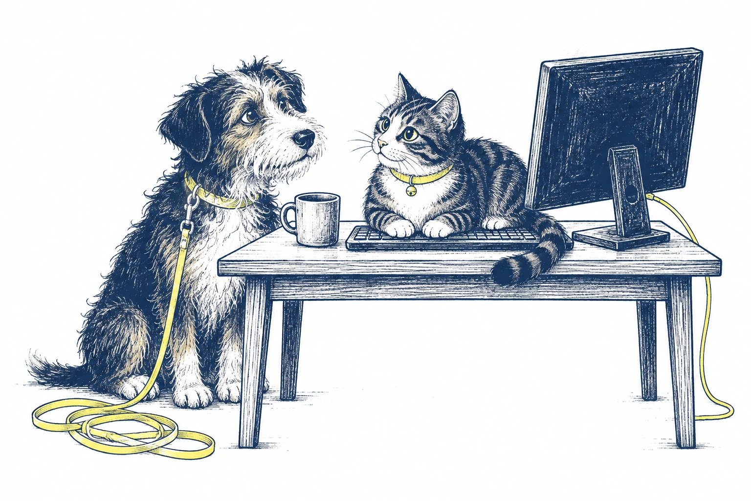 A dog and cat at a computer