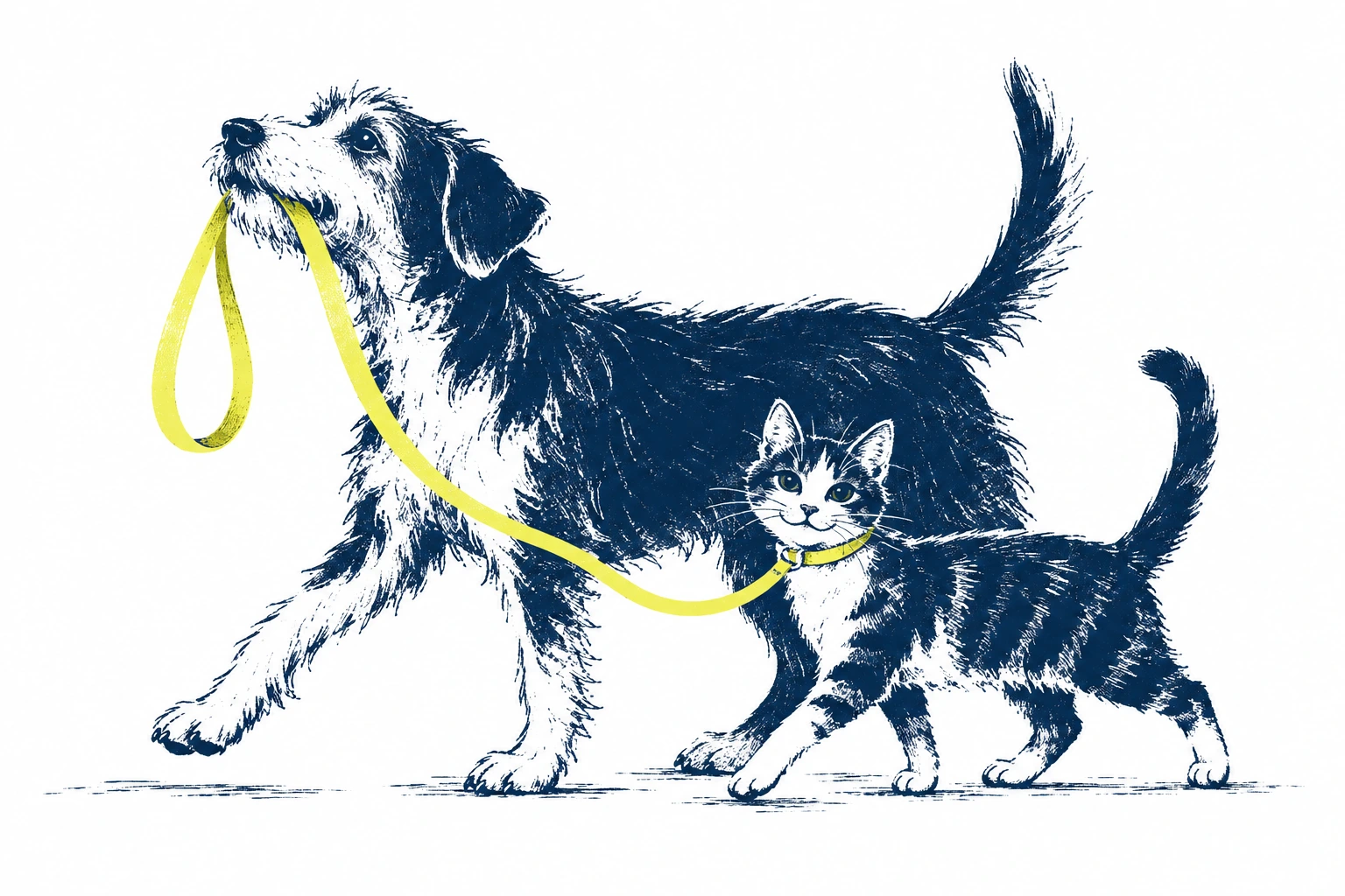 A terrier carrying a yellow lead beside a small cat